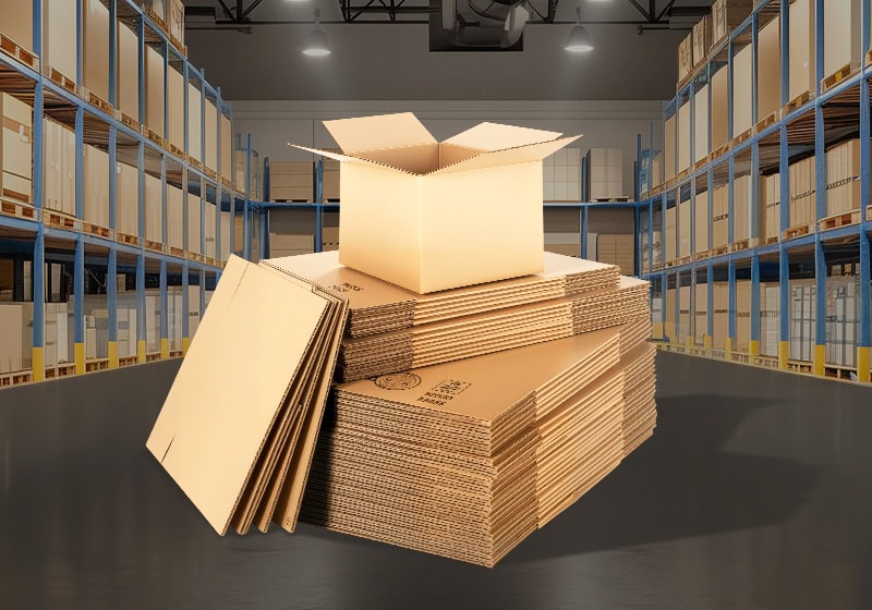 Corrugated cardboard boxes stacked for packing and shipping in a warehouse.