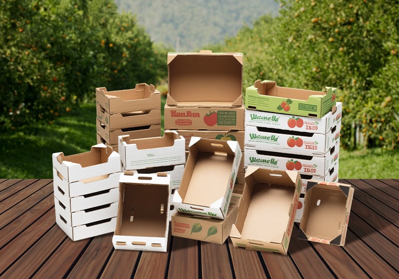 Corrugated cardboard produce boxes for fruits and vegetables, eco-friendly packaging solutions, sturdy and customizable design.