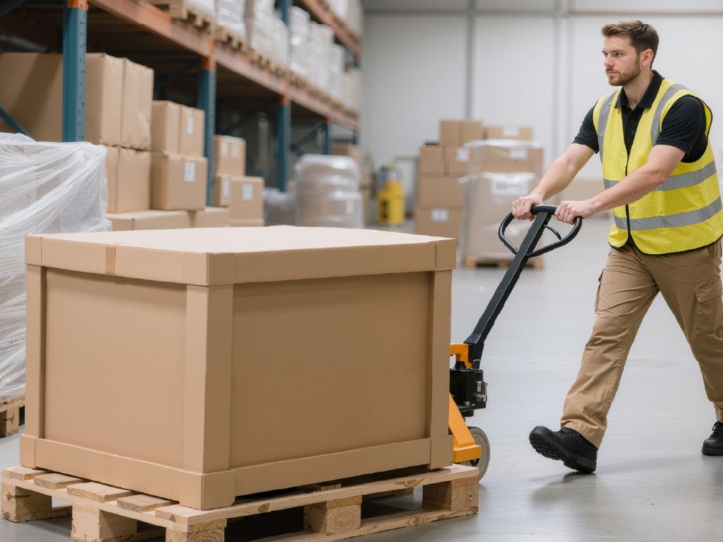 Heavy-duty cardboard shipping box on pallet being moved with pallet jack in warehouse.