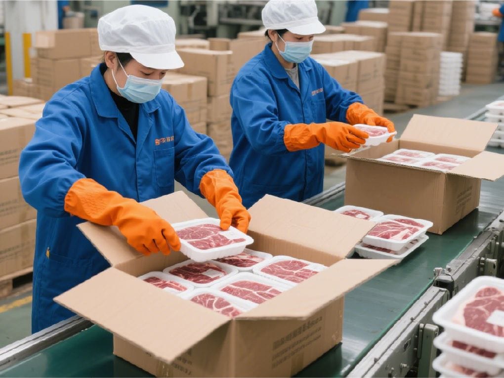Processed meat packaging in a factory setting, workers packing meat into trays for shipment, using SC PACK BOX custom packaging solutions for cold storage and distribution.
