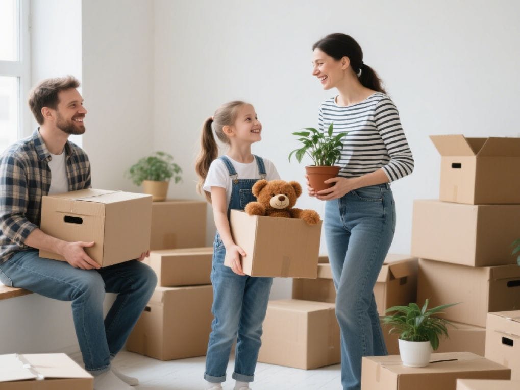Bright living room with family moving, holding boxes, houseplants, and packing supplies for home relocation.