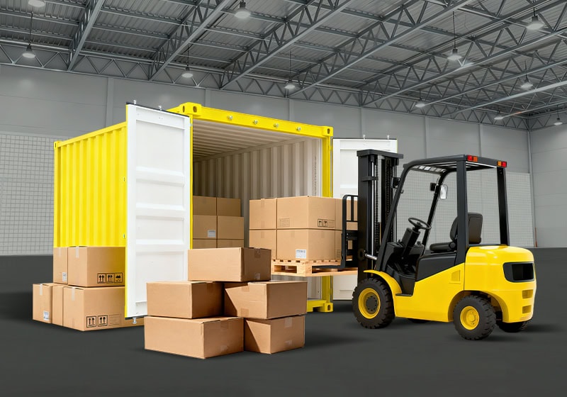 High-capacity container loading with forklift for efficient packaging and storage solutions.