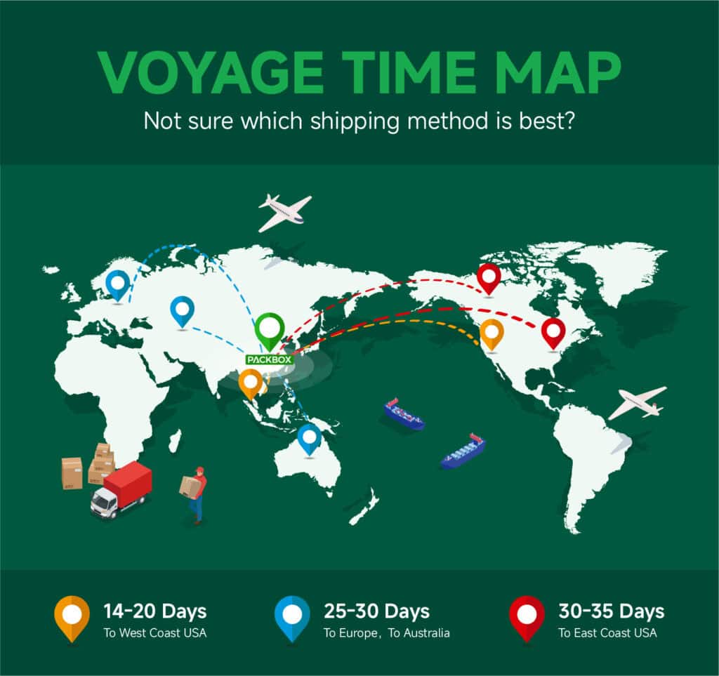 1. International shipping routes and delivery times for global parcel transportation.