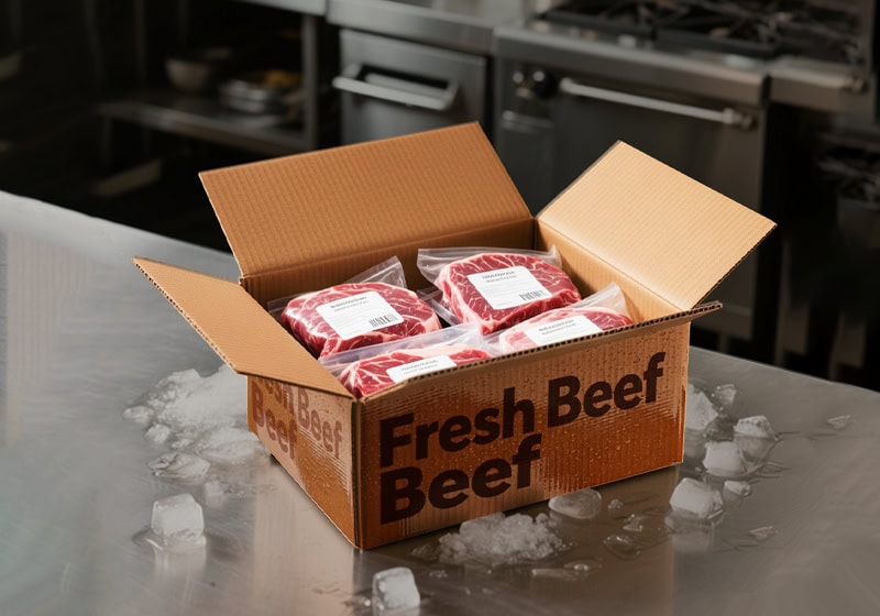 Fresh beef in vacuum-sealed packs inside a cardboard shipping box on a stainless steel countertop.