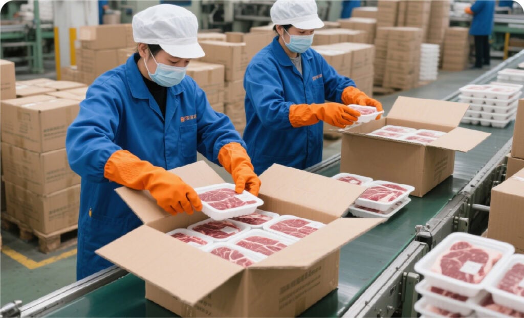 Fresh meat packaging in a meat processing factory with workers packing beef in styrofoam trays.
