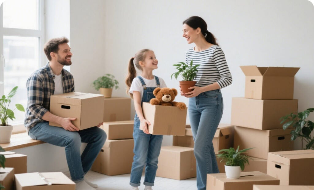Bright family packing moving boxes in new home with plants and happy faces.