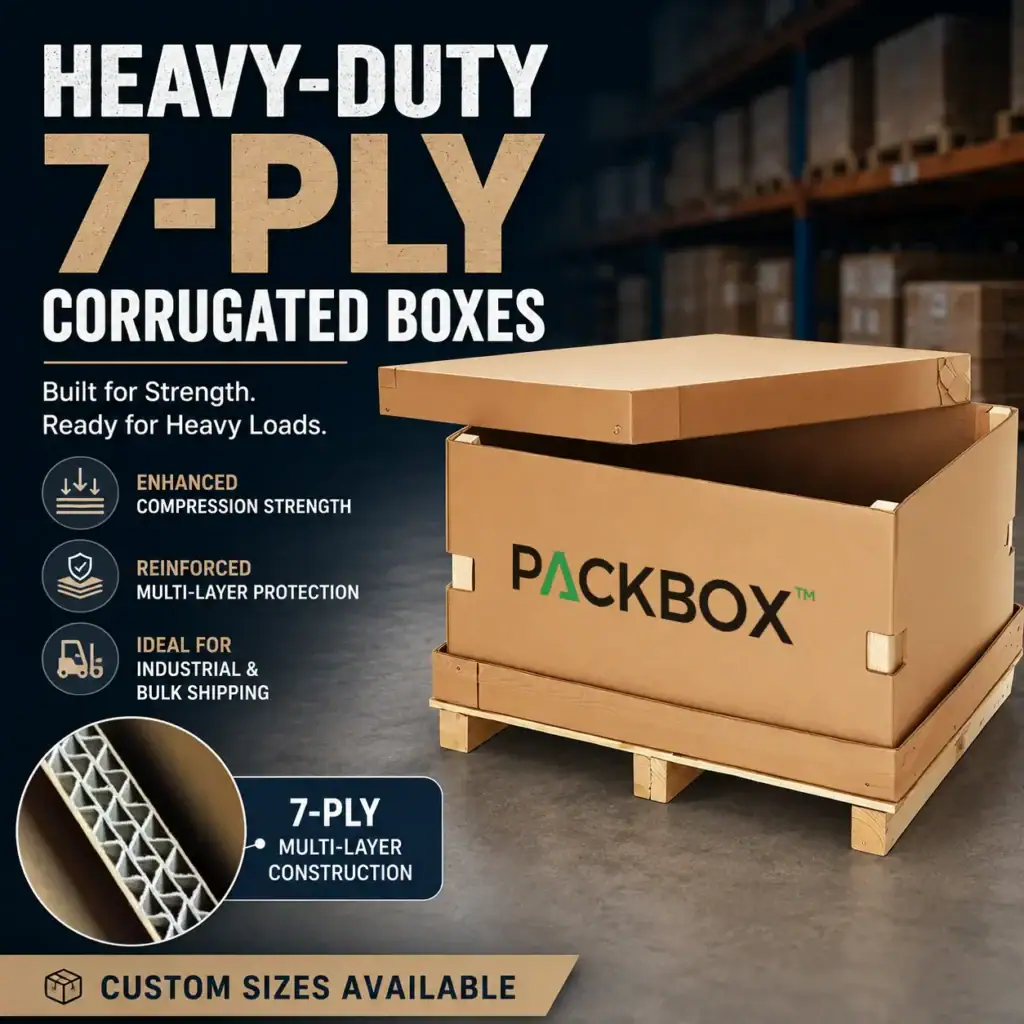 Heavy-duty 7-ply corrugated boxes for industrial shipping and storage.
