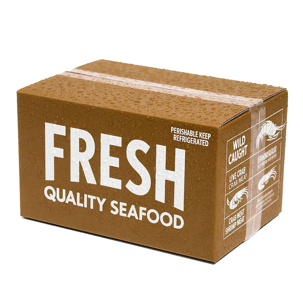 Seafood packaging box with fresh seafood and seafood icons.