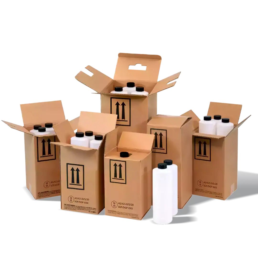 Cardboard boxes with white bottles for packaging and shipping.