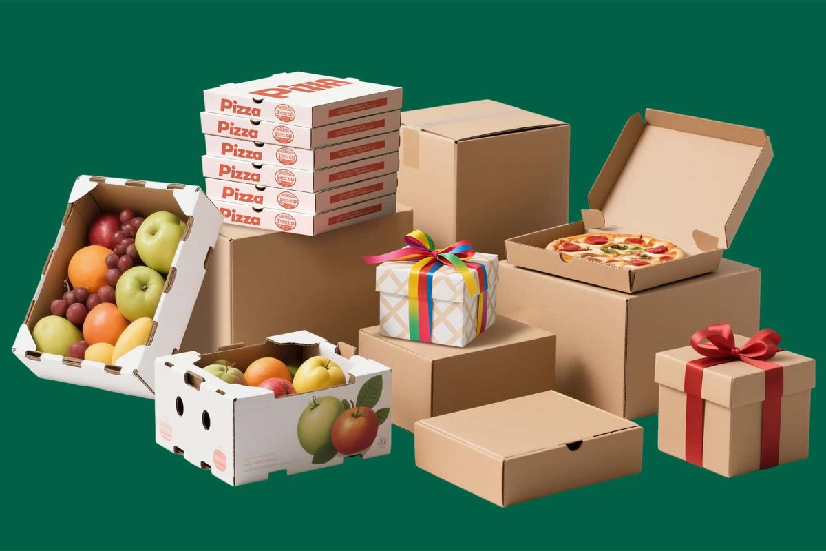 Fresh fruit boxes with apples, grapes, and oranges on green background.