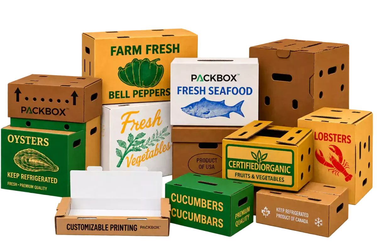 Variety of eco-friendly food boxes for seafood, vegetables, and more.