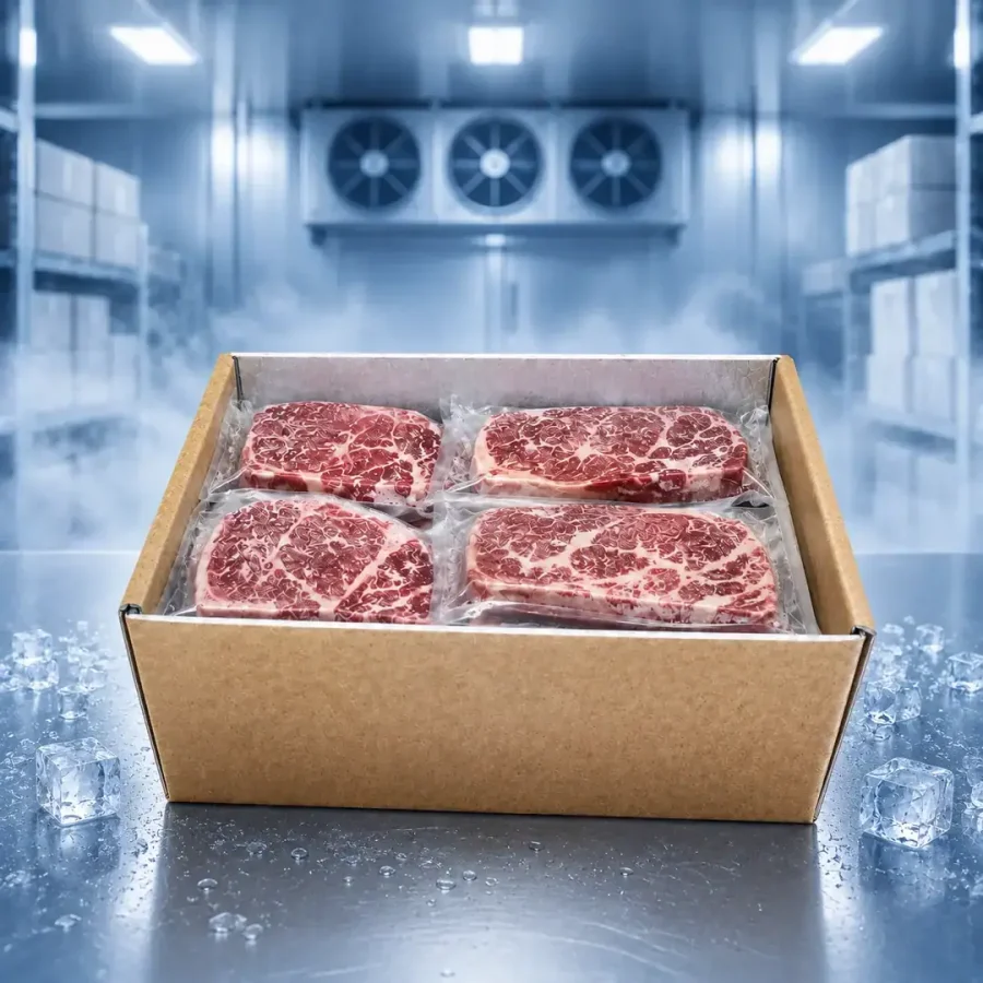 Foil-lined foam shipping box with four raw meat steaks inside.