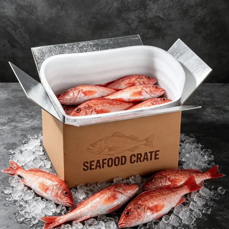 Foil-lined foam shipping box with fresh fish for seafood delivery.