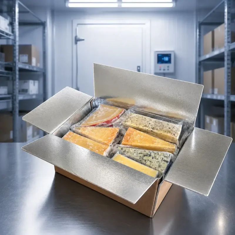 Foil-lined foam shipping box with assorted cheeses inside for safe delivery.
