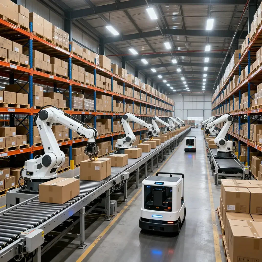 Robotic arms in a warehouse packing boxes on a conveyor system for efficient logistics.