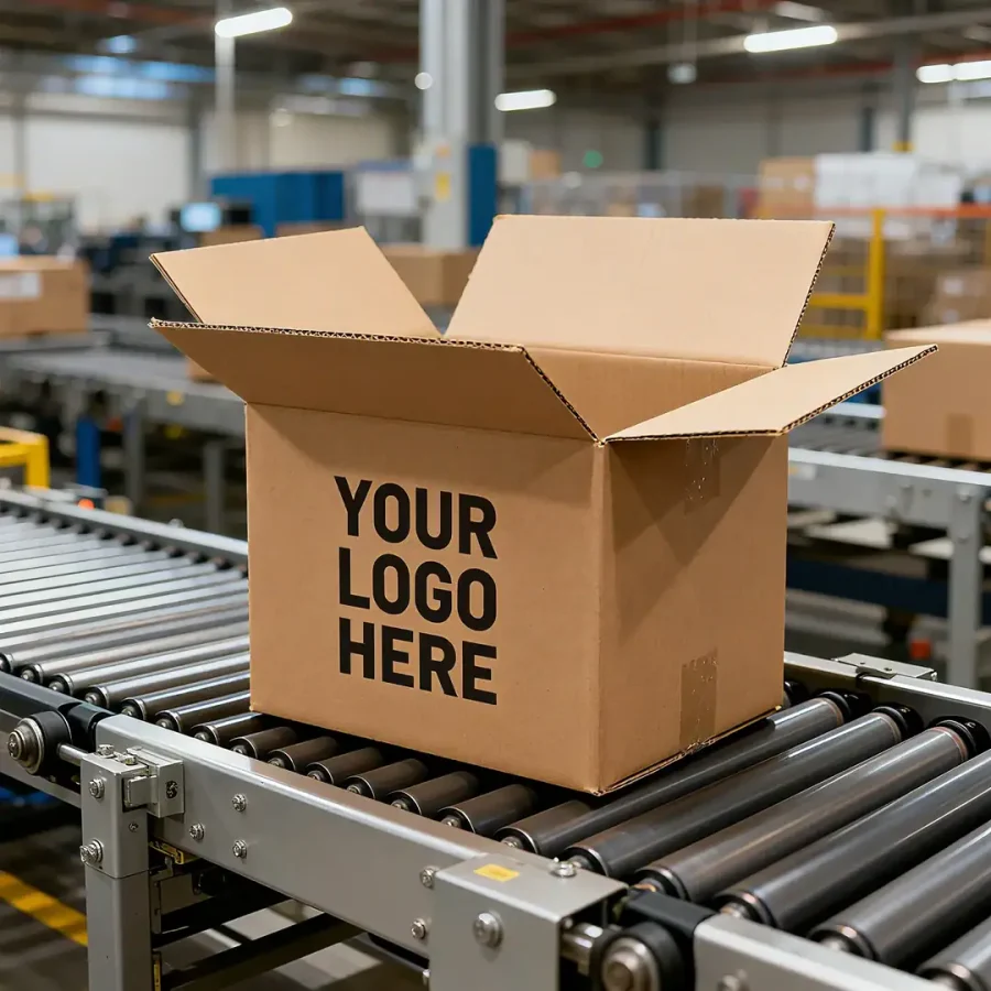 Custom branded cardboard box on production line for packaging and shipping.