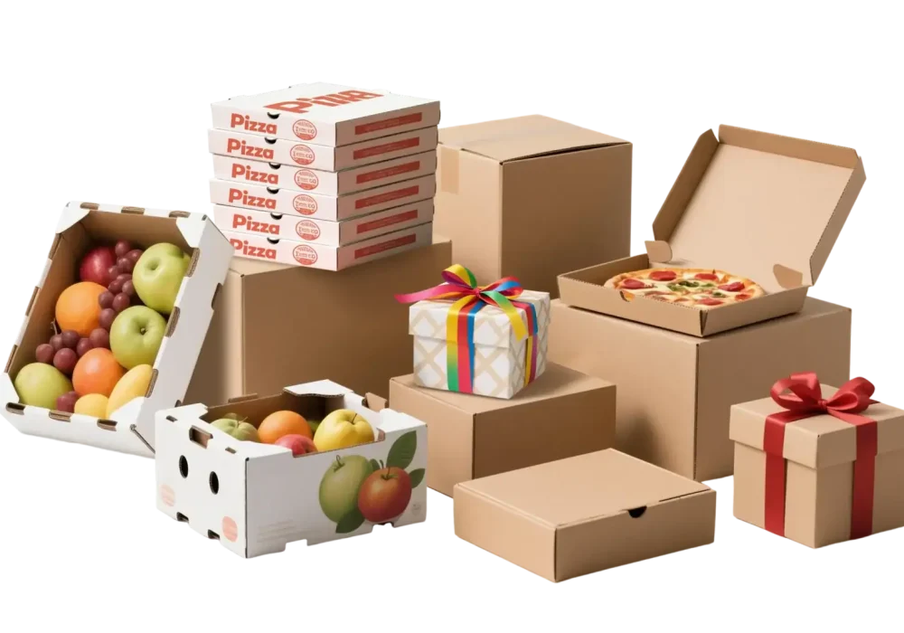 High-quality pizza and fruit packaging boxes for food delivery and takeout services.