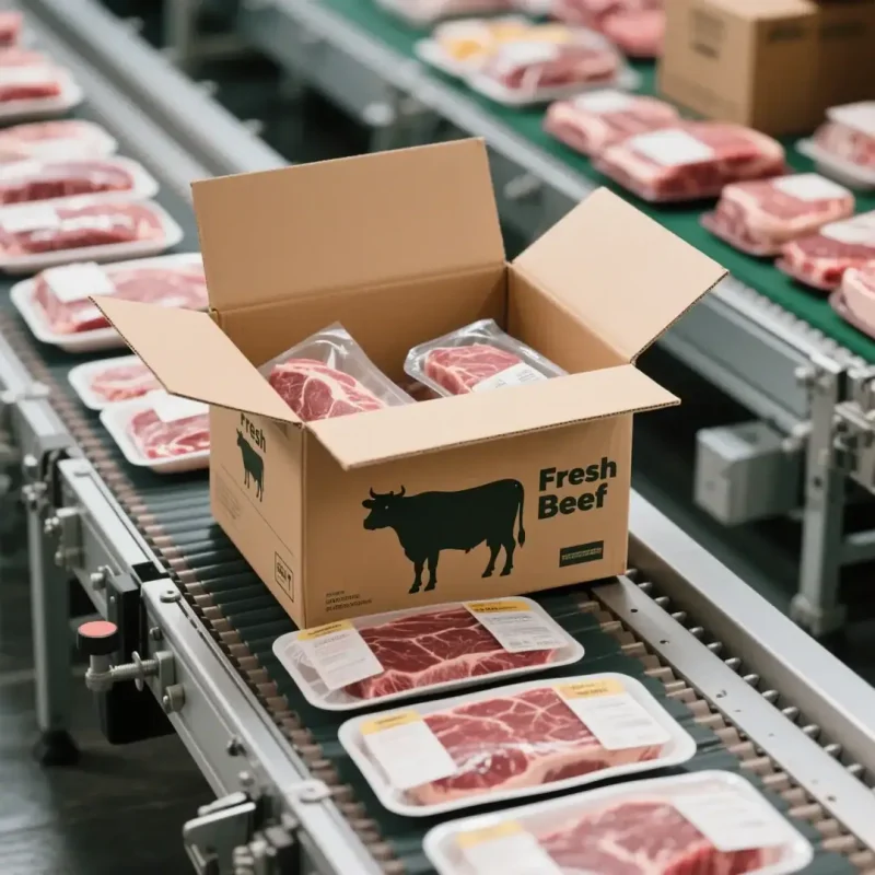 Fresh beef packaged in plastic trays on conveyor belt in meat processing plant.