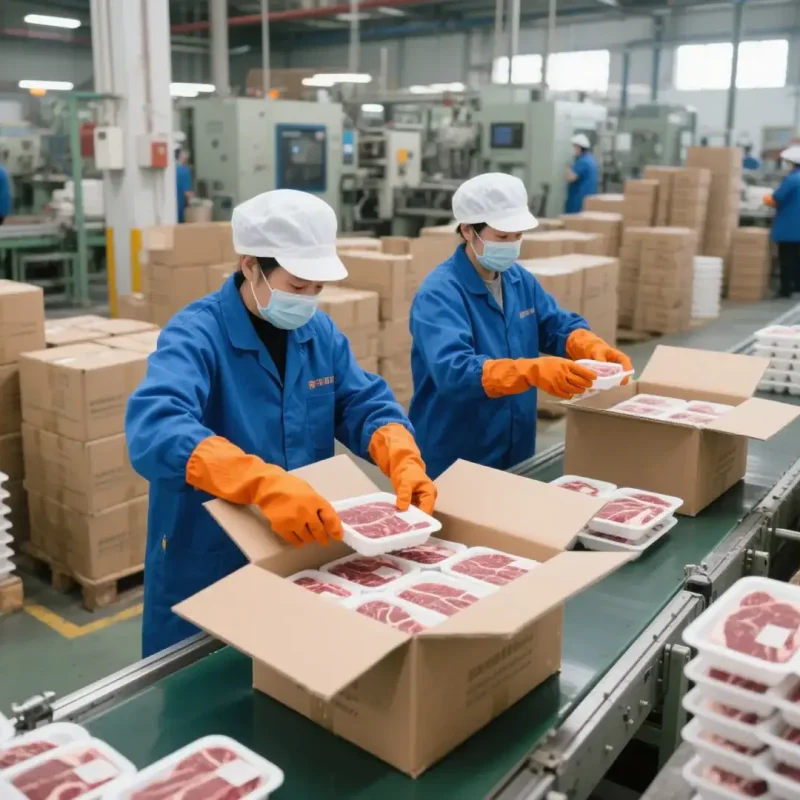 Workers packing fresh meat into boxes in a modern manufacturing facility.