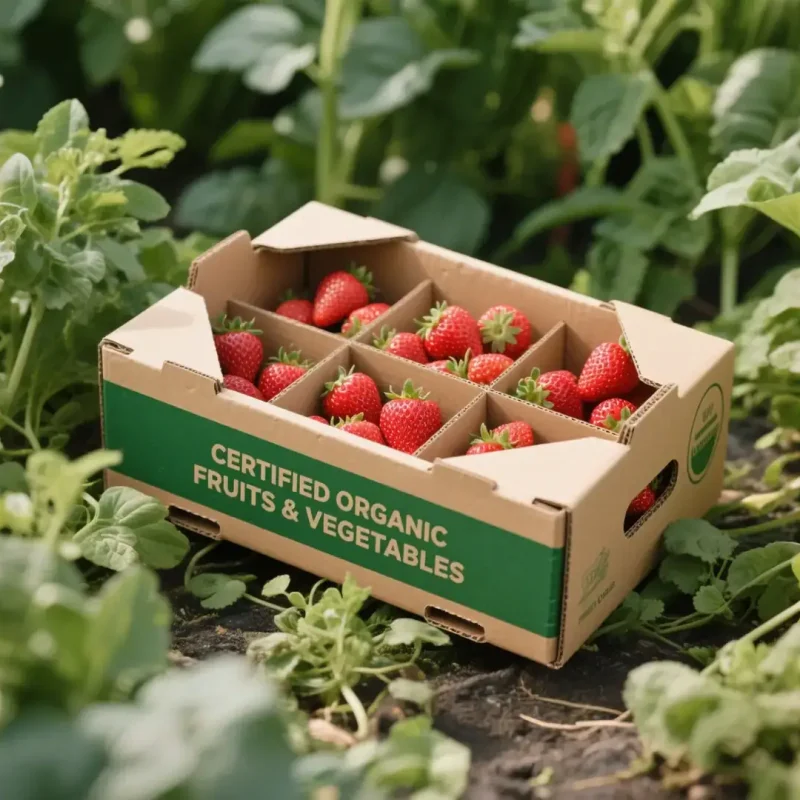 Organic strawberries in a cardboard box on a farm, ready for harvest.