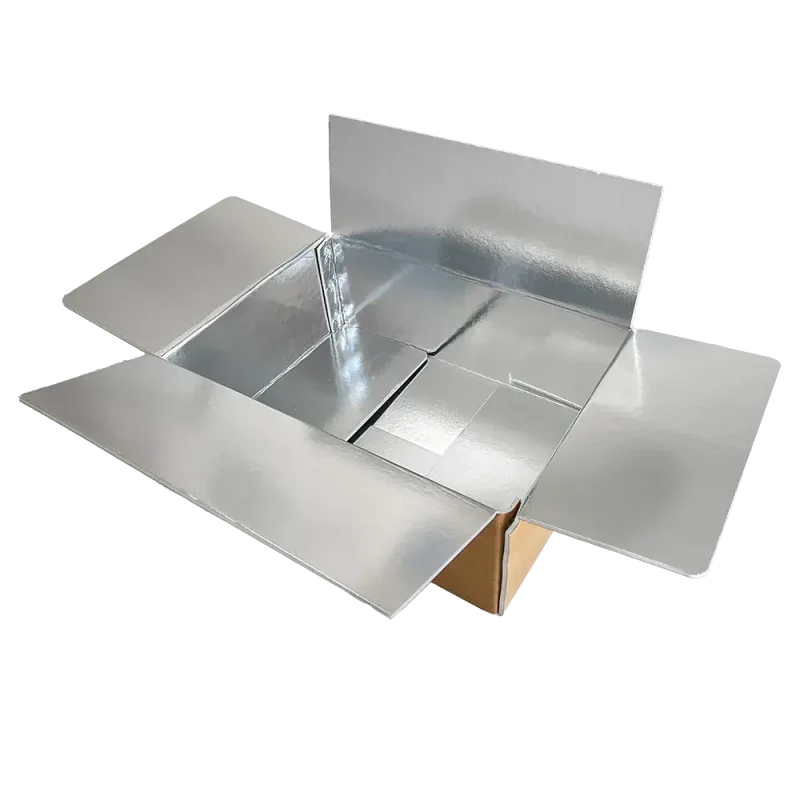 Stainless steel packaging box with foldable flaps for product storage.