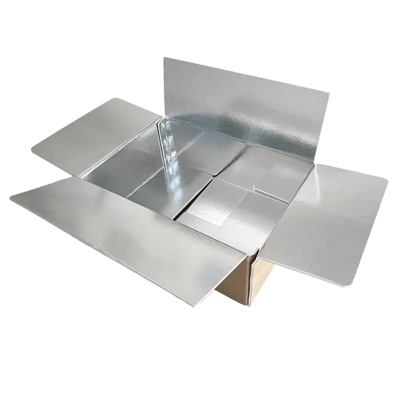 Stainless steel packaging box for food or product storage and transport.