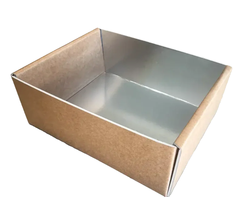 Foil-lined foam shipping box with kraft exterior and metallic interior for protection.
