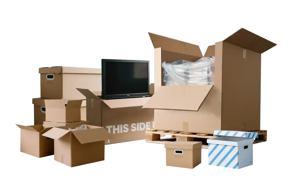 Packing and moving supplies with boxes and a TV for shipping and storage.