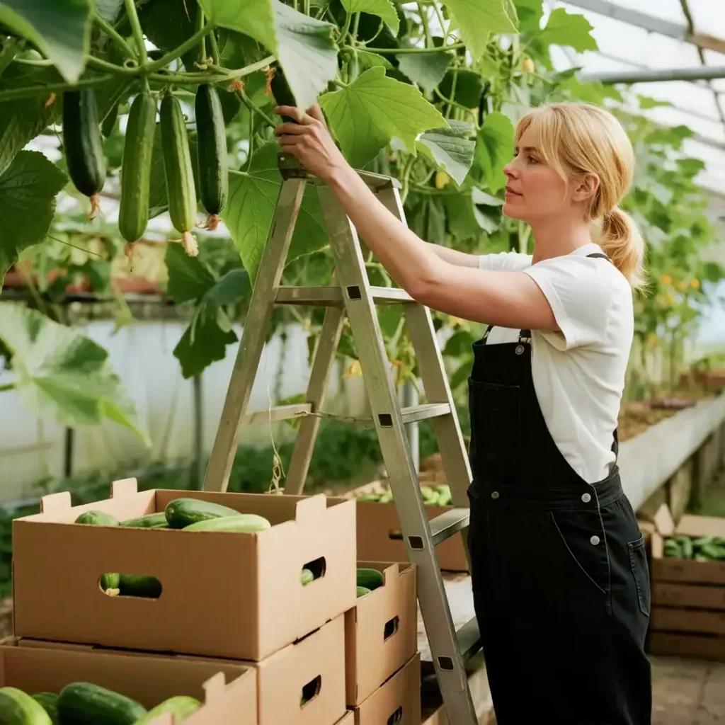 Cucumber harvesting in a greenhouse with a woman picking cucumbers from the vine.