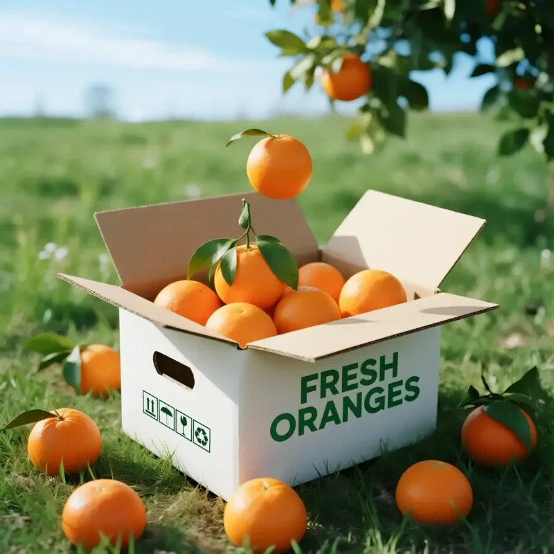 Fresh oranges in a cardboard box with some oranges scattered around outdoors.