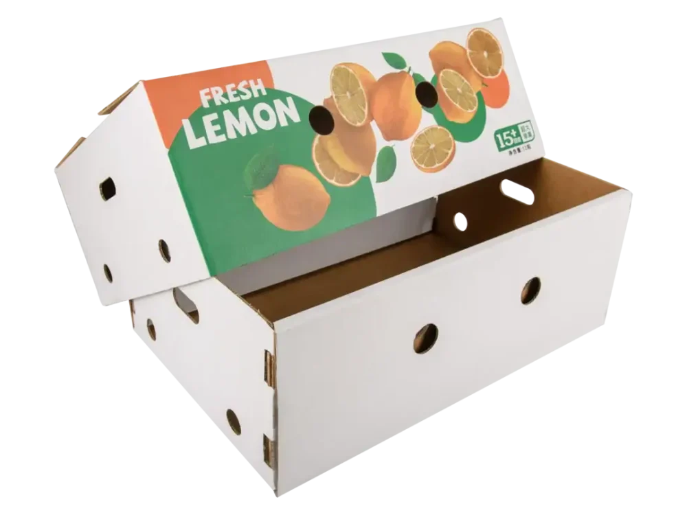 Eco-friendly cardboard box for fresh lemons with colorful lemon illustrations.