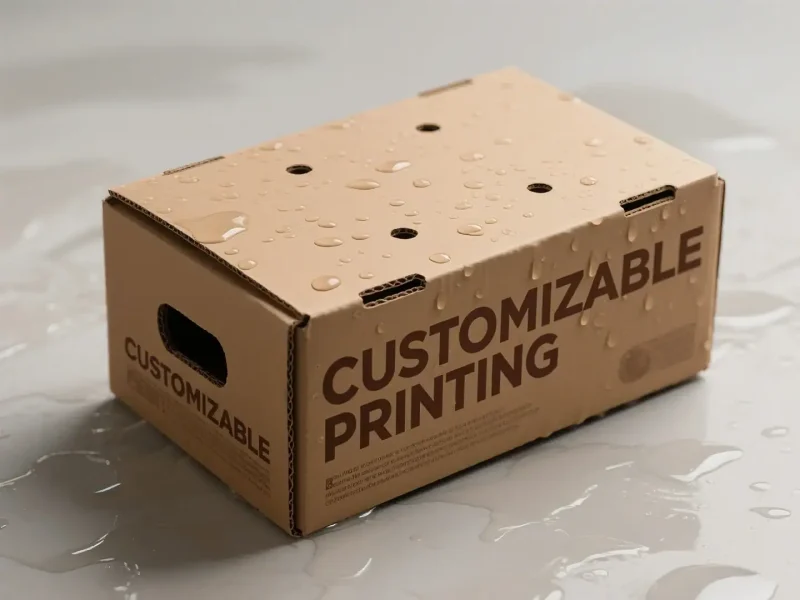Water-resistant cardboard box with customizable printing for shipping and storage needs.