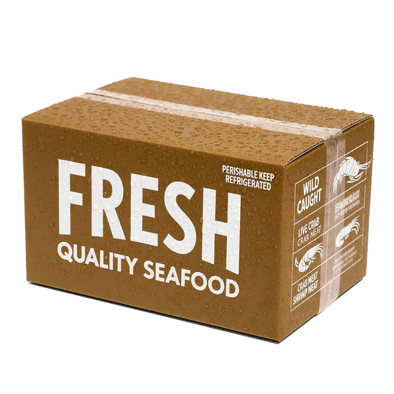 Seafood packaging box with fresh seafood and seafood icons.