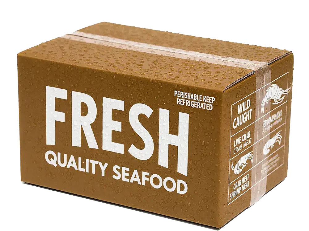 Seafood packaging box with fresh seafood and seafood icons.