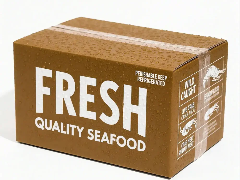 Seafood packaging box with "Fresh Quality Seafood" label, ideal for storing and shipping fresh fish.