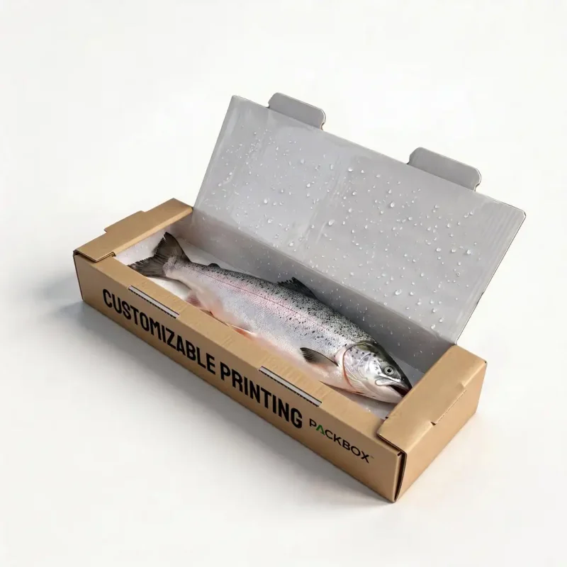 Customizable fish packaging box with insulation for safe shipping and storage of fresh fish. Eco-fri.